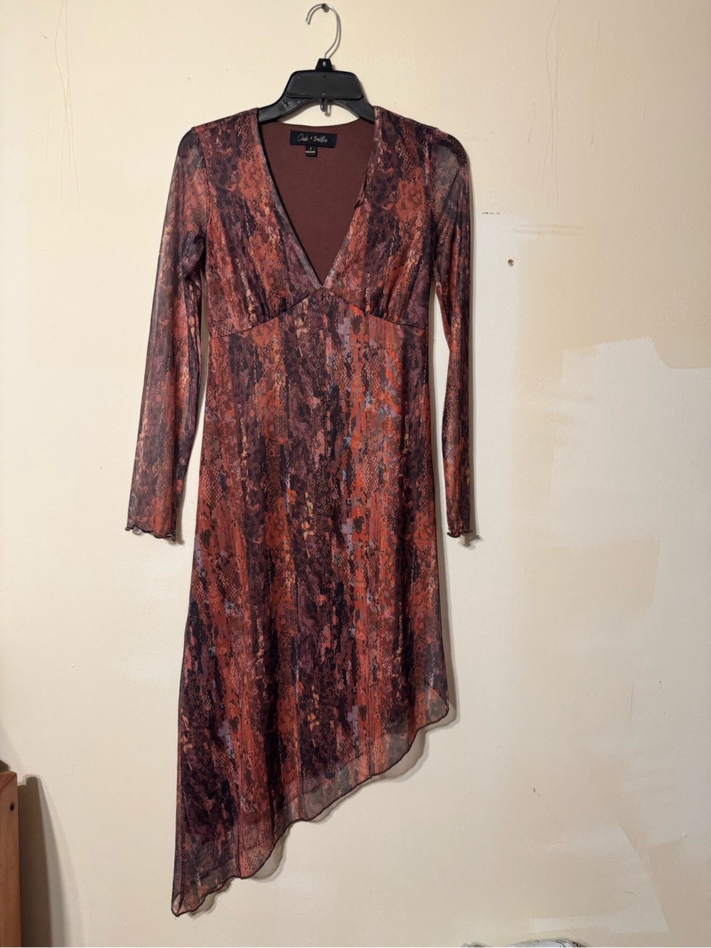 Club Monaco Rust, Brown and Black Asymmetrical V-Neck Dress